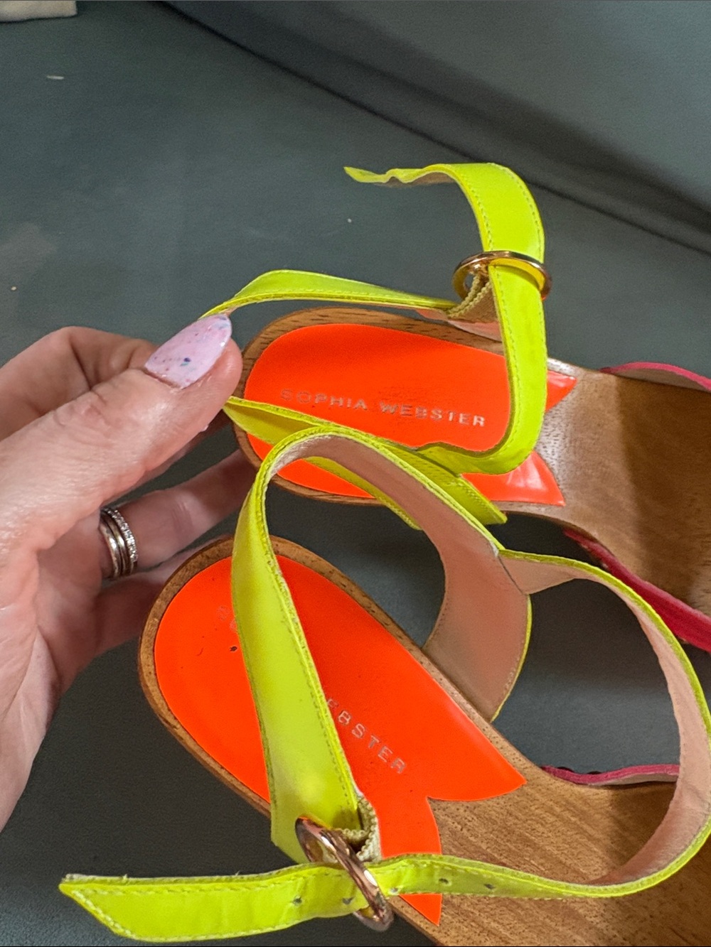 Sophia Webster Neon Pink and Lime Green Platform Clog Sandals - Picture 2 of 6